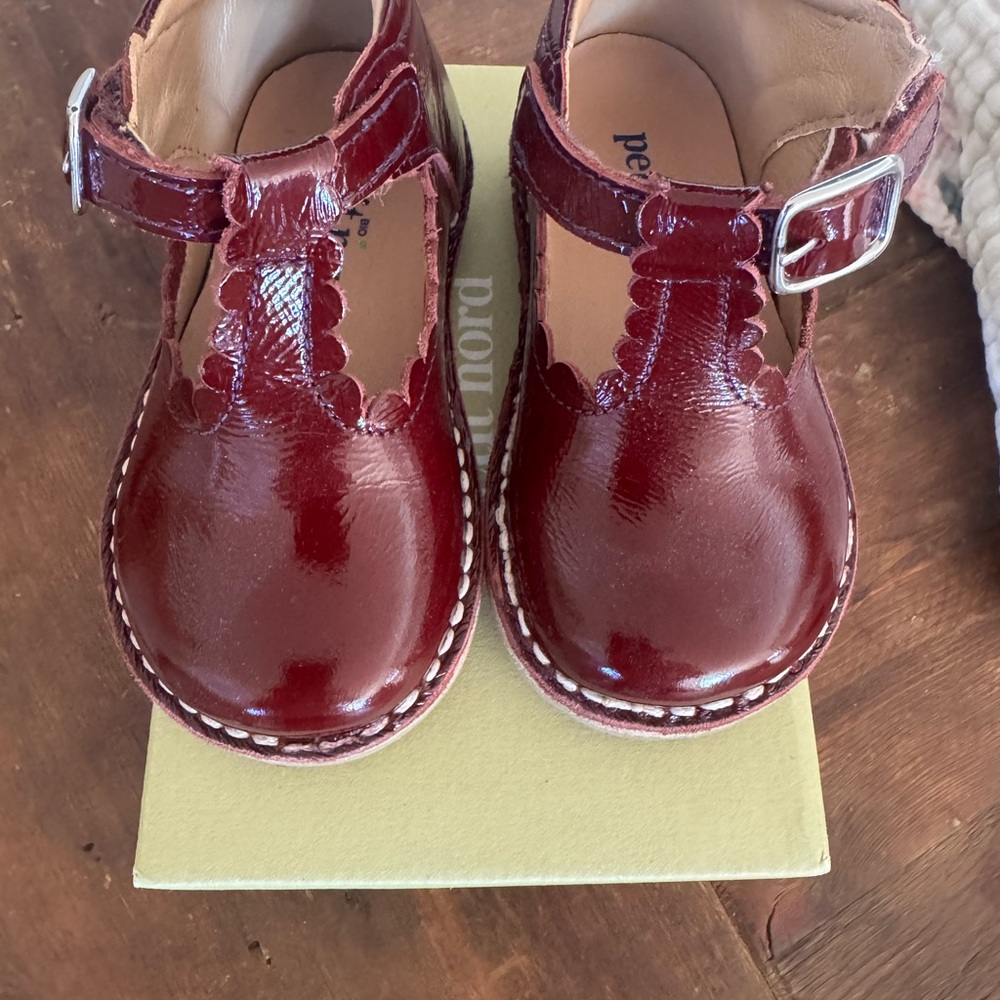 Burgundy Patent T-Bar Scallop Kids Shoes - Picture 3 of 5